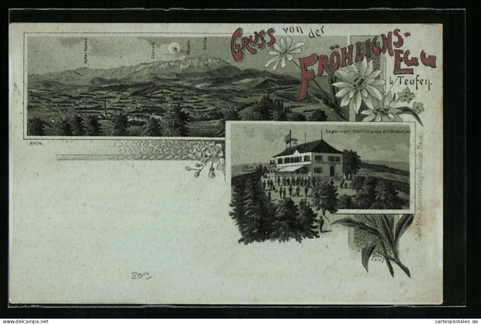 Mondschein-Lithographie Teufen, Restaurant Fröhlichsegg Mit Bodensee, Panorama Mit Ebenalp Und Säntis  - Teufen