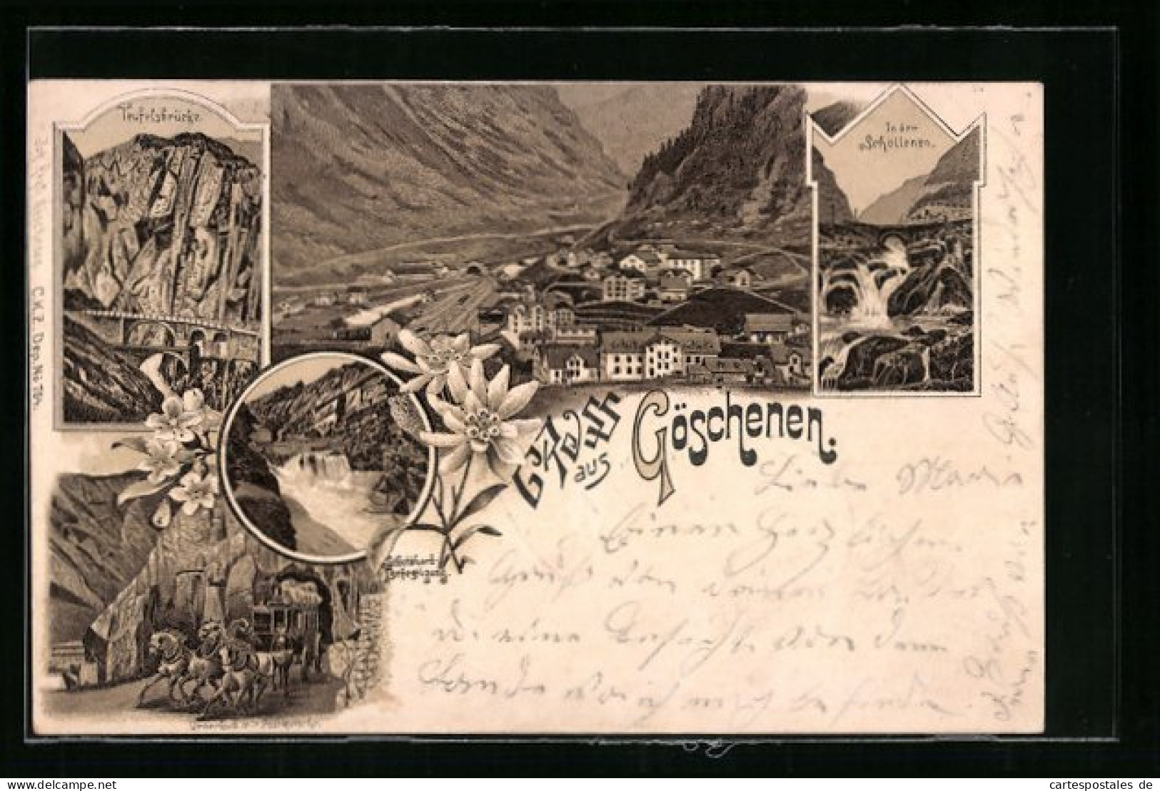 Lithographie Göschenen, In Der Schöllenen, Urnerjoch Mit Postkutsche, Teufelsbrücke  - Göschenen