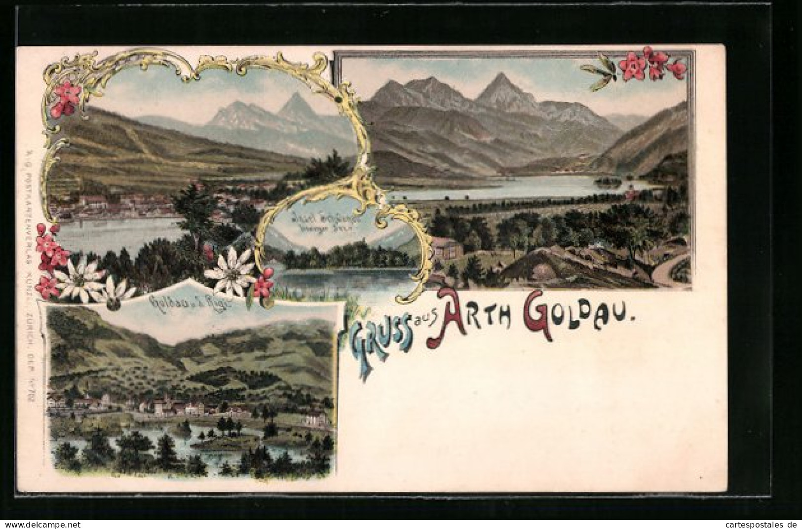 Lithographie Arth Goldau, Teilansicht U. D. Rigi, Insel Schwanau Und Lowerzer See, Panorama  - Arth