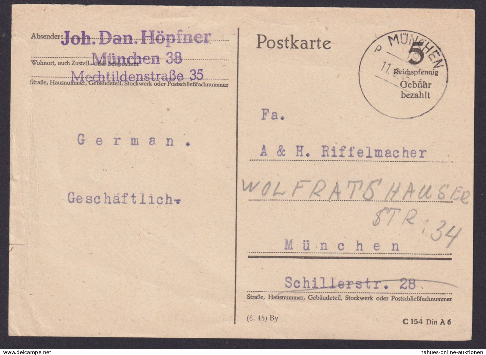 Bizone Ganzsache 5 Reichspfennig P 630 MÜNCHEN 9 Aptierter HdB-K1 - Cartas & Documentos