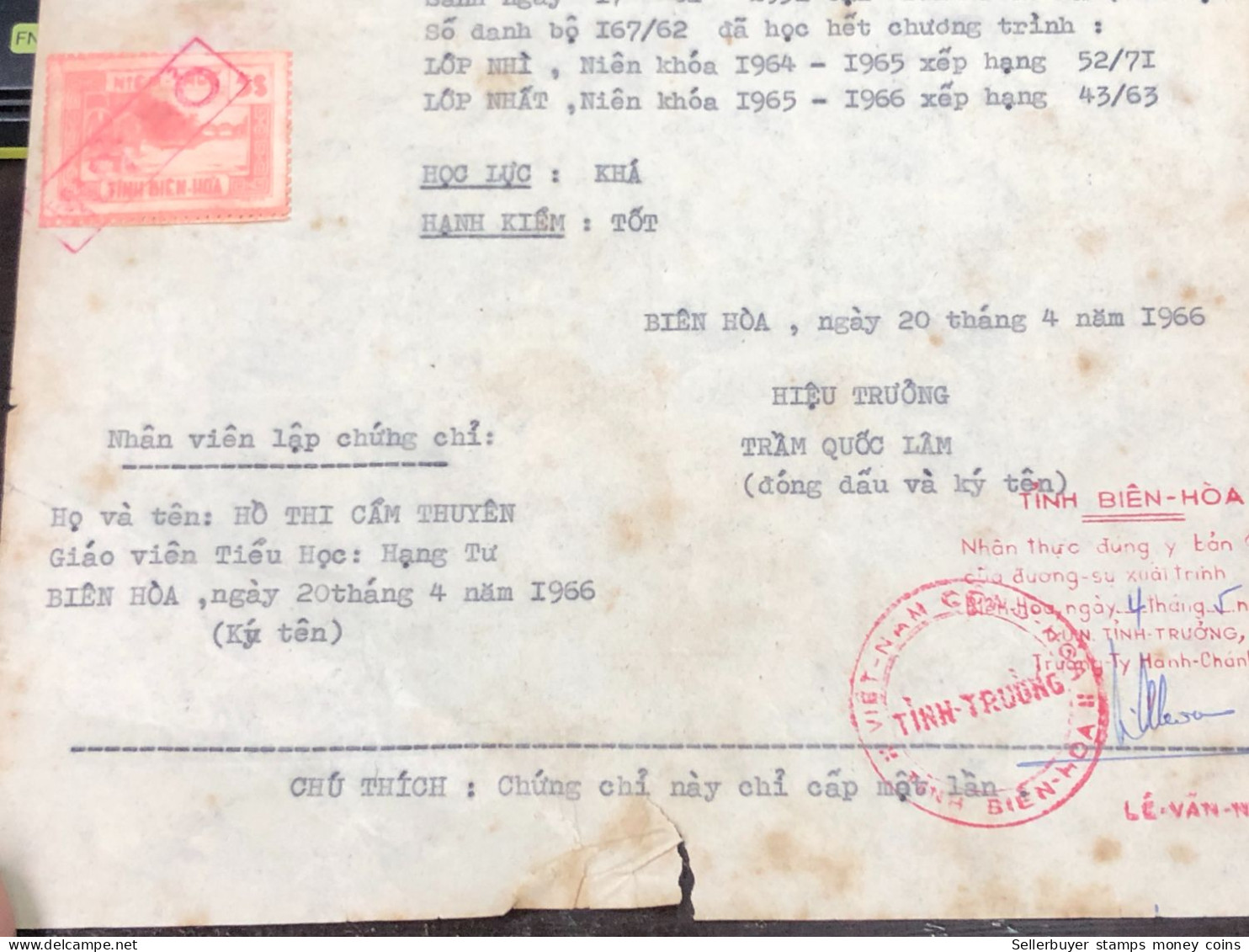 Viet Nam Suoth Old Documents That Have Children Authenticated Before 1975 PAPER Have Wedge (5$ Bien Hoa 1966)QUALITY:GOO - Collezioni