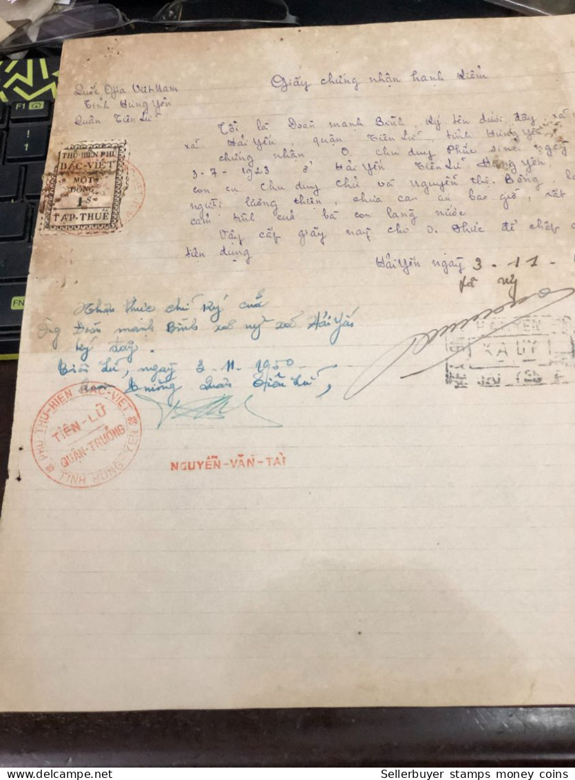 Viet Nam Suoth Old Documents That Have Children Authenticated Before 1975 PAPER Have Wedge (1$ Thu Hien Bac Viet 1950)QU - Verzamelingen