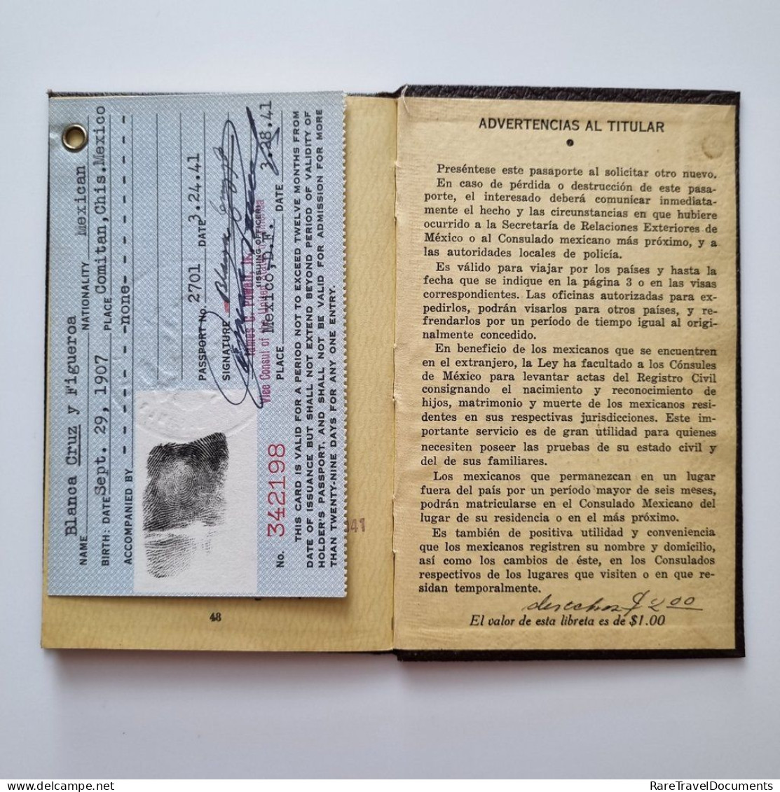 Fantastic MEXICO 1941 Passport of a beautiful woman - Condition! - Free Shipping!