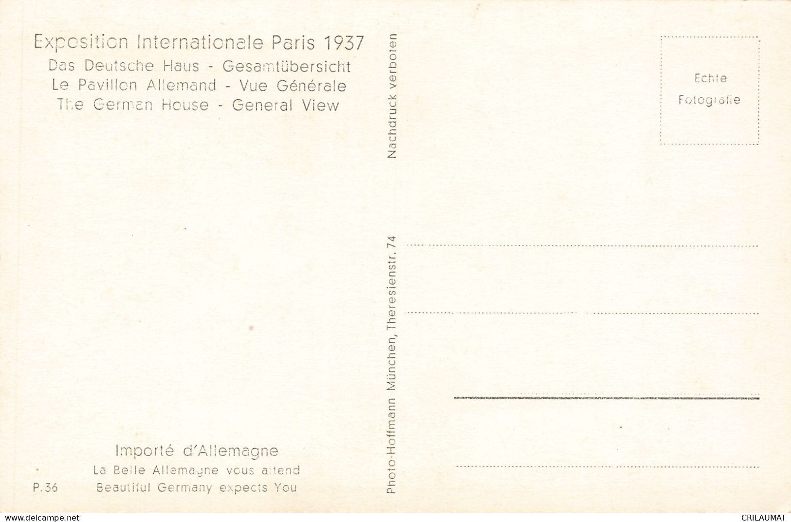 75-PARIS-EXPOSITION INTERNATIONALE 1937 LE PAVILLON ALLEMAND-N°T5308-B/0153 - Exhibitions