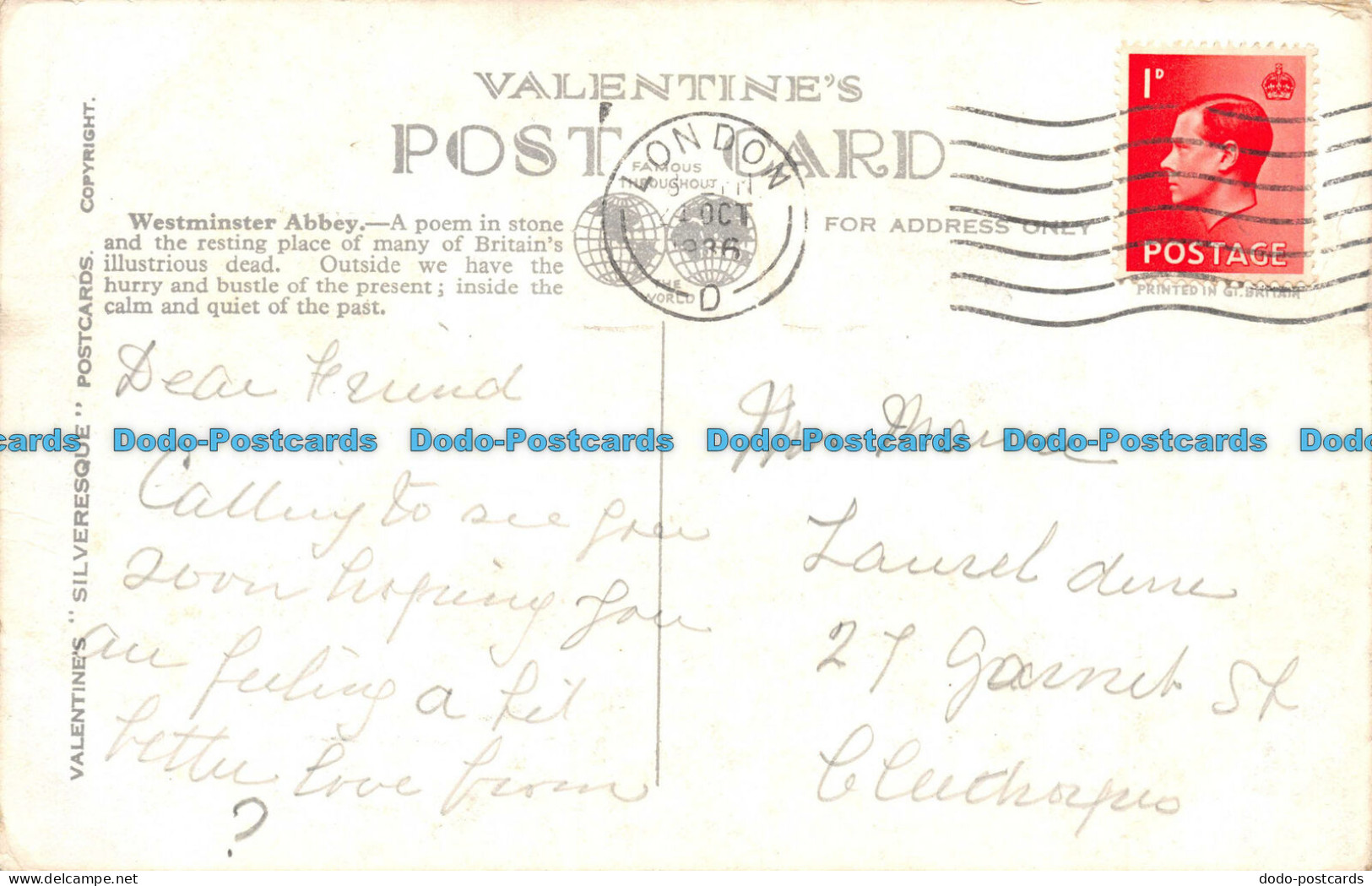 R059941 Westminster Abbey. London. Valentine. 1936 - Other & Unclassified