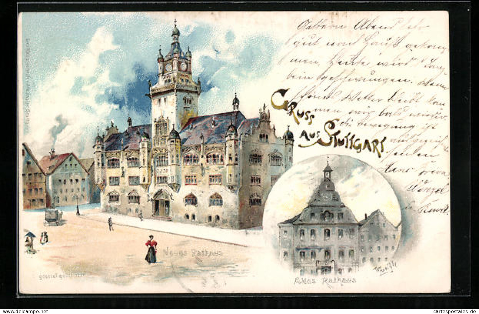 Lithographie Stuttgart, Neues Rathaus, Altes Rathaus  - Stuttgart