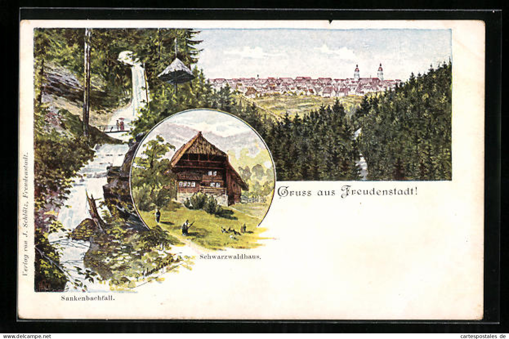 AK Freudenstadt, Ortsansicht, Schwarzwaldhaus, Sankenbachfall  - Freudenstadt