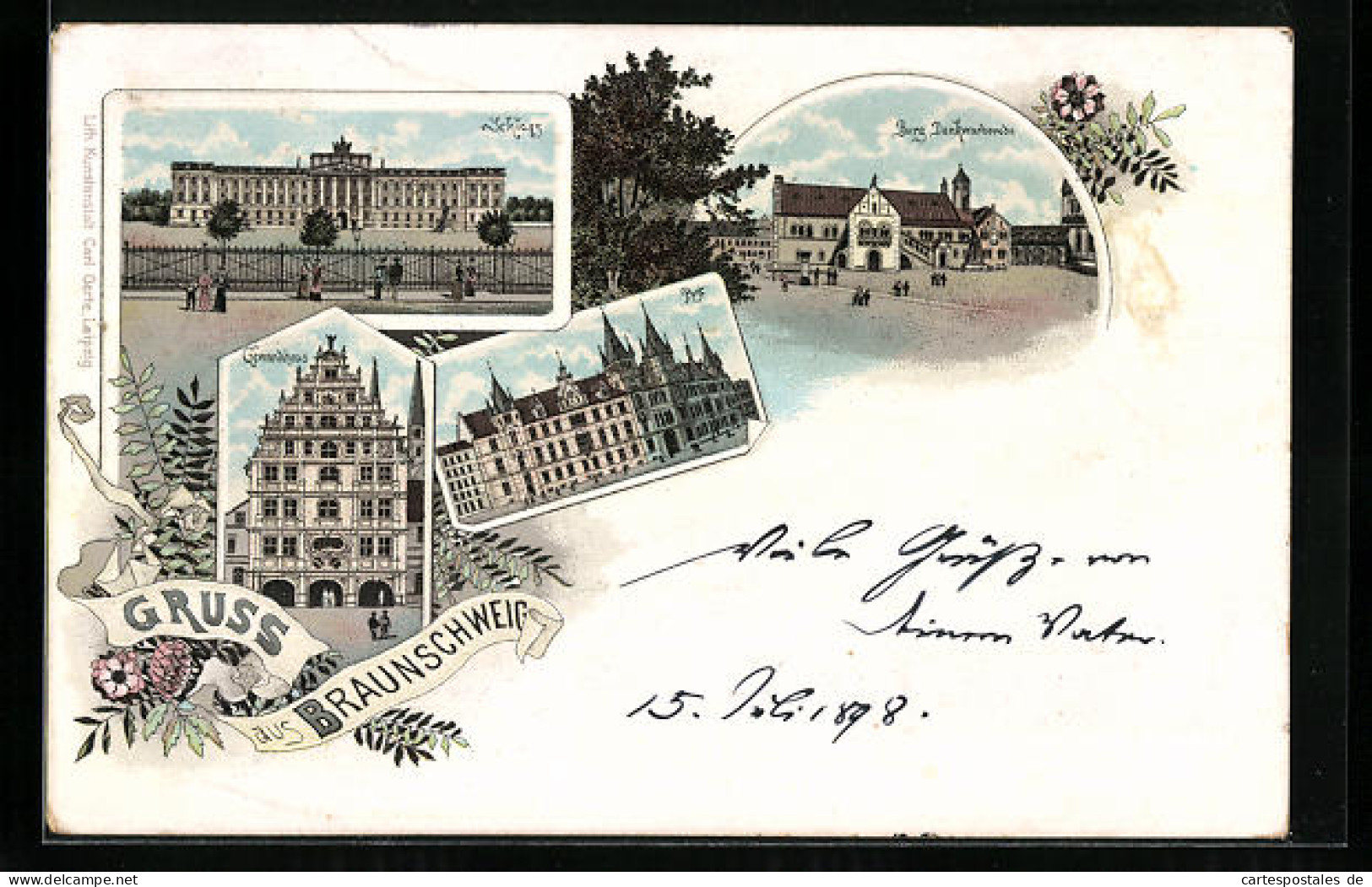 Lithographie Braunschweig, Schloss, Burg Dankwarderode, Gewandhaus  - Braunschweig