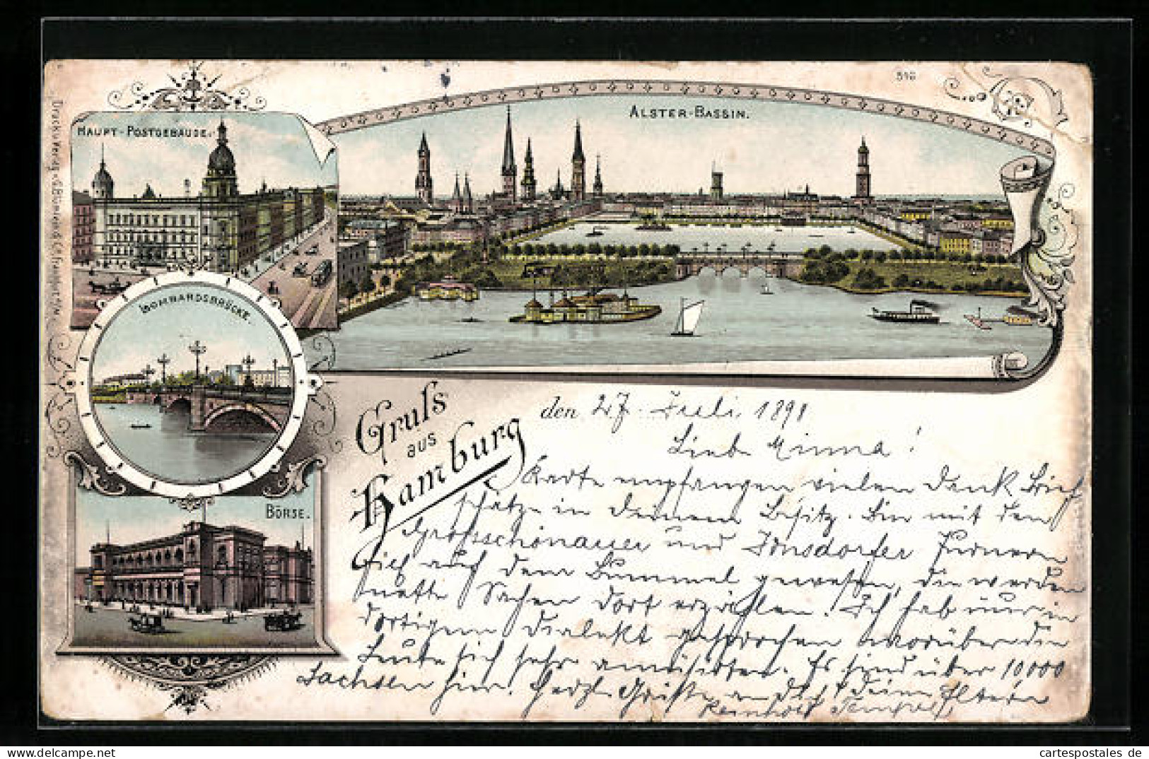 Lithographie Hamburg-Neustadt, Alster-Bassin, Haupt-Postgebäude, Lombardsbrücke  - Mitte