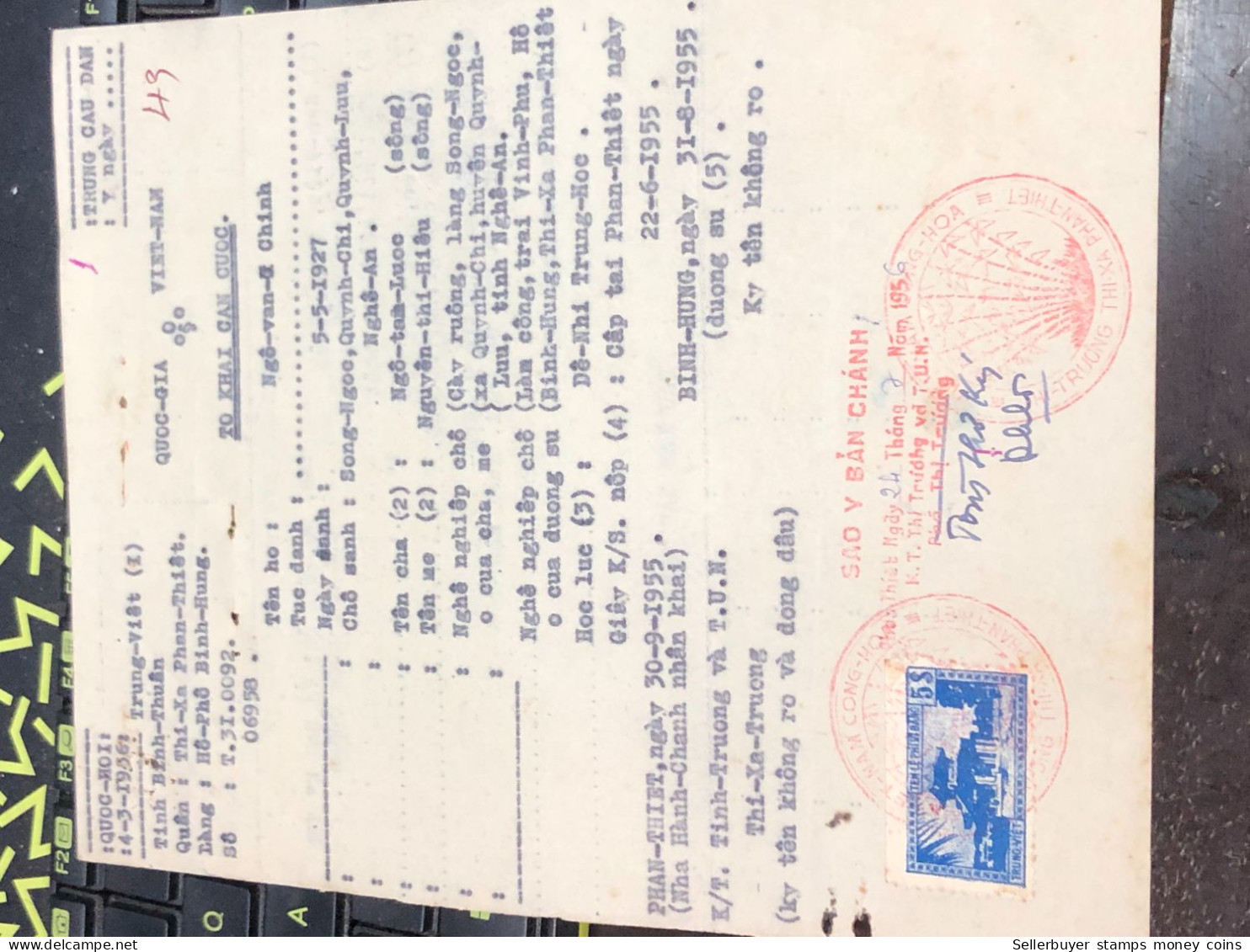 Viet Nam Suoth Old Documents That Have Children Authenticated(5$ Trung Viet 1955) PAPER Have Wedge QUALITY:GOOD 1-PCS Ve - Collezioni