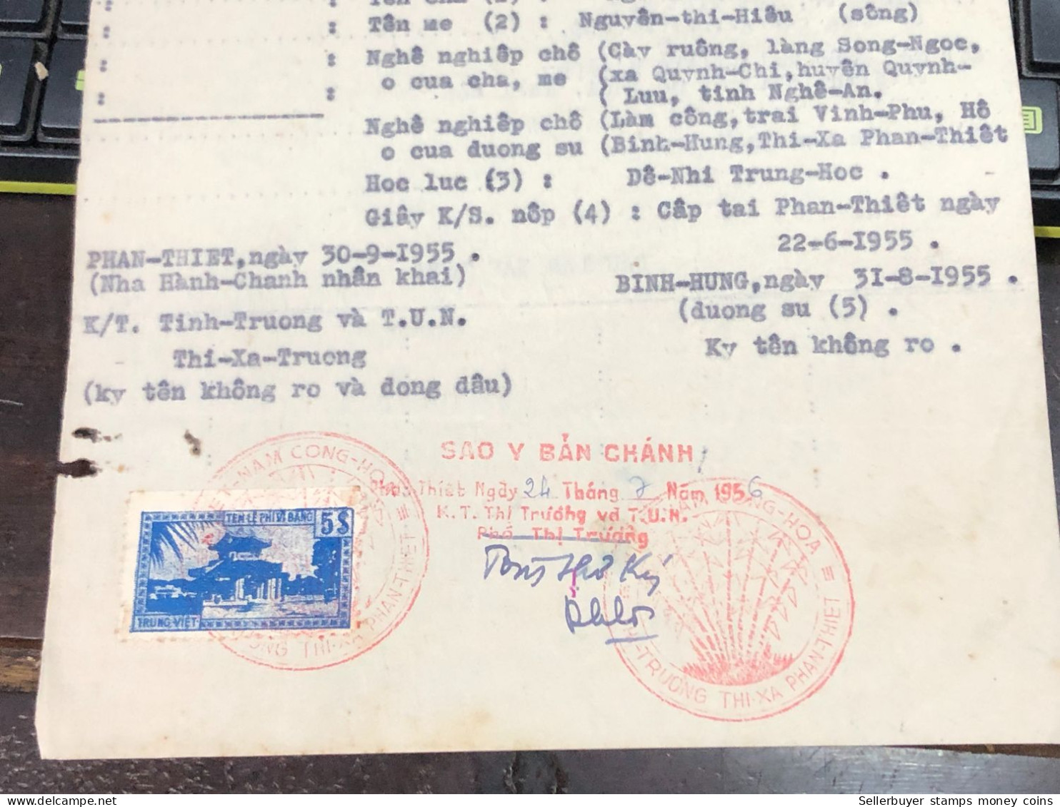 Viet Nam Suoth Old Documents That Have Children Authenticated(5$ Trung Viet 1955) PAPER Have Wedge QUALITY:GOOD 1-PCS Ve - Collections