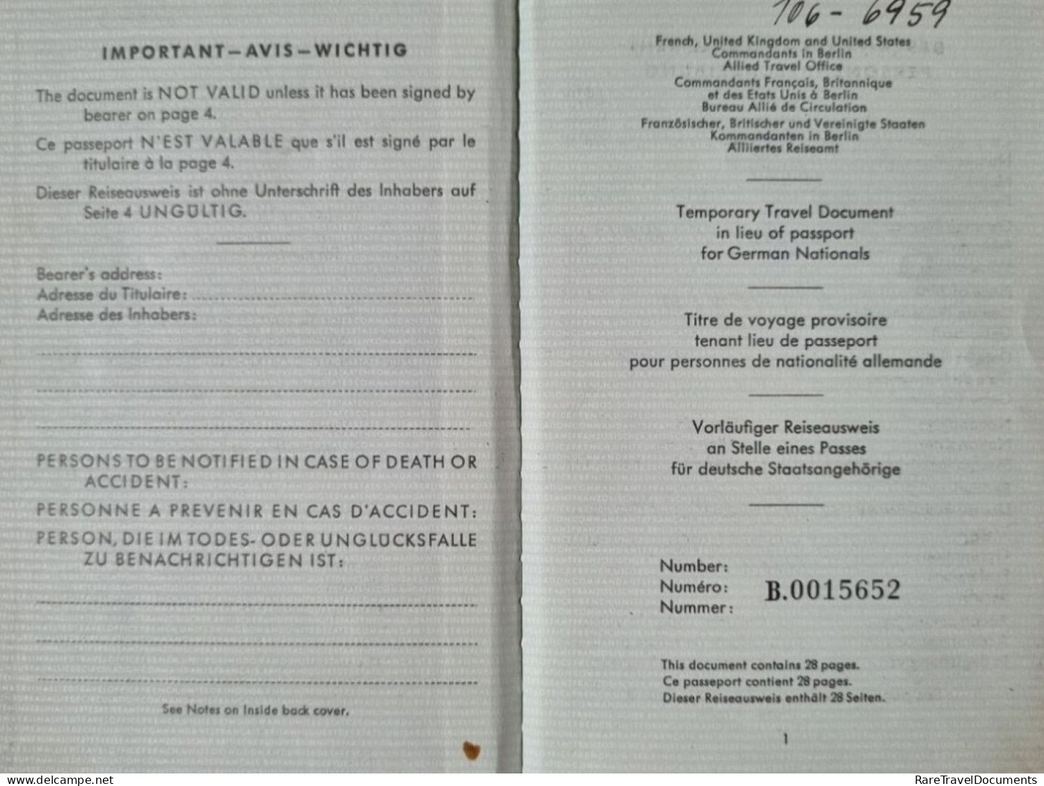 Passport Reisepass Passeport Germany 1957 -  Rare Type - Condition! - FREE SHIPPING! - Historische Dokumente