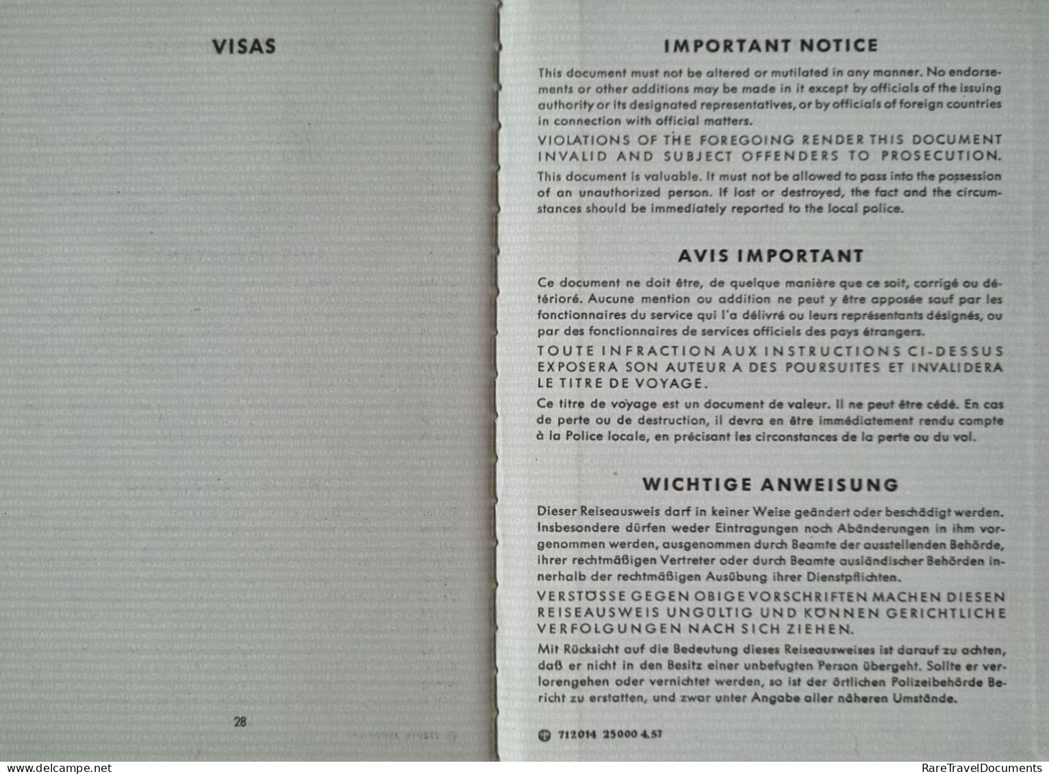 Passport Reisepass Passeport Germany 1957 -  Rare Type - Condition! - FREE SHIPPING!