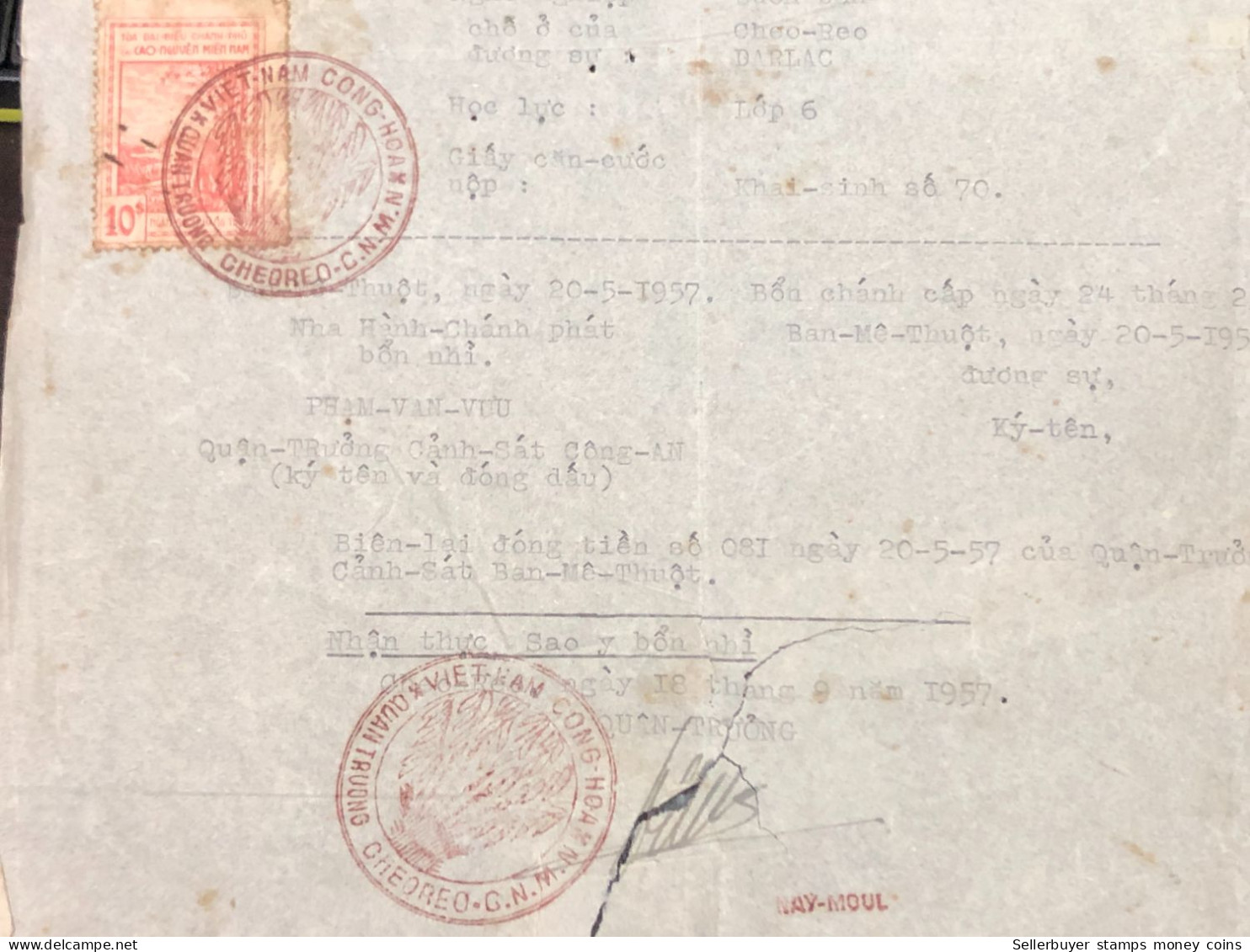 Viet Nam Suoth Old Documents That Have Children Authenticated(10 $ Cao Nguyen Mien Nam 1957) PAPER Have Wedge QUALITY:GO - Collections