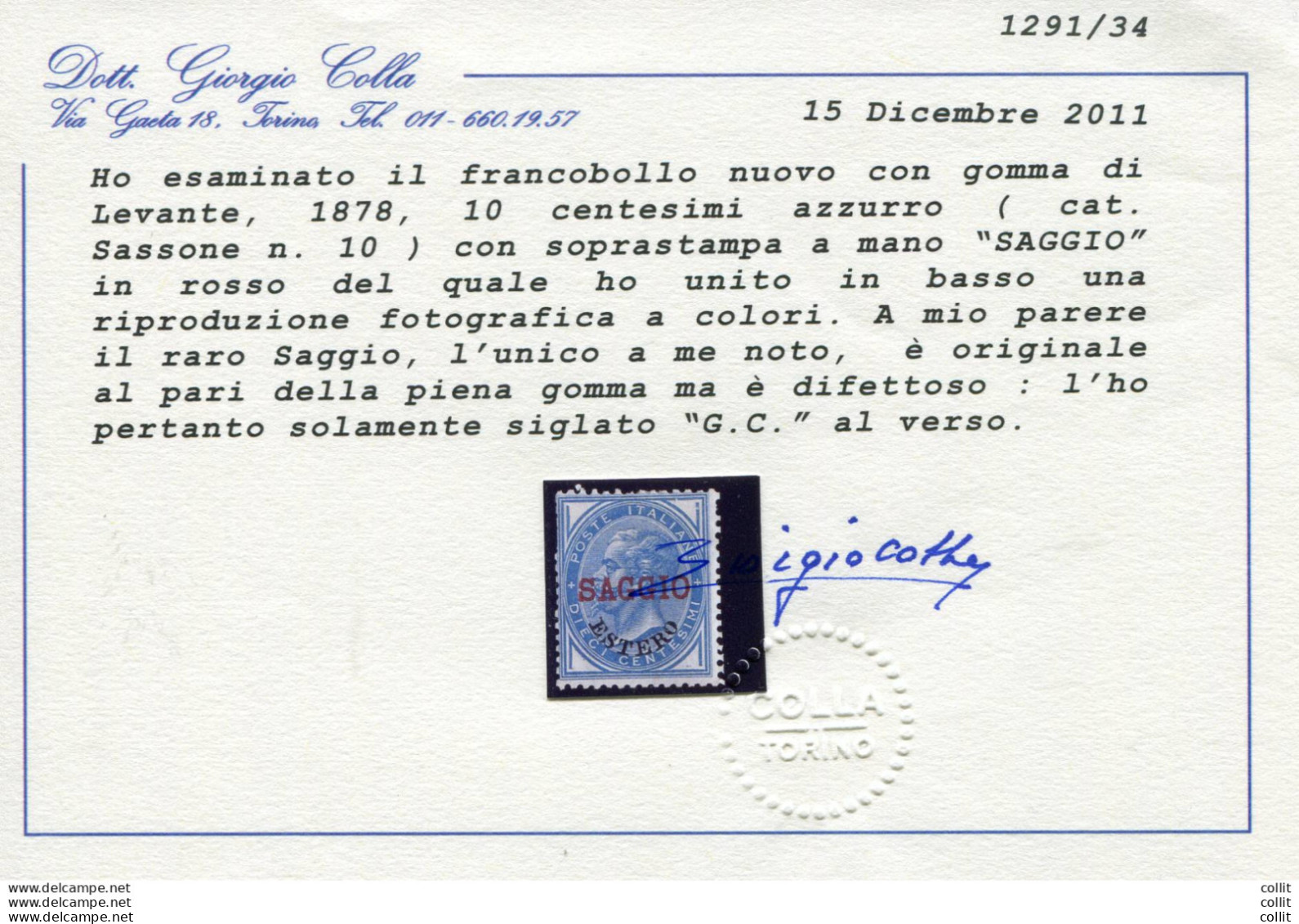 Levante Italiano-Vitt.Emanuele II Cent.10 Azzurro Soprastampa A Mano Saggio - Emissions Locales/autonomes