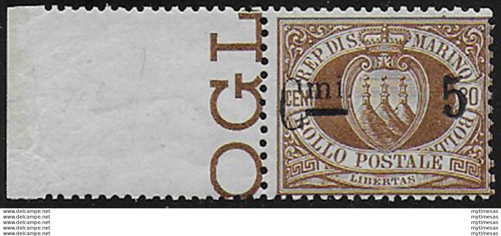 1892 San Marino Stemma 5c. Su 30c. Bf MNH Sassone N. 9 - Sonstige & Ohne Zuordnung