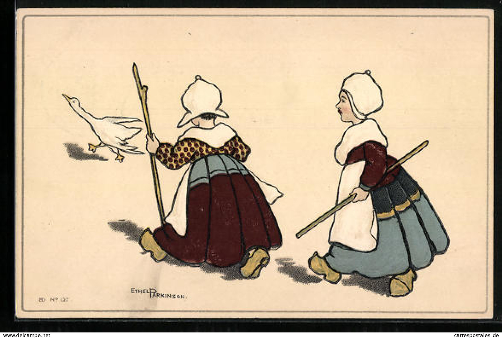 Künstler-AK Ethel Parkinson: Zwei Kinder Mit Ente, Tracht, Holzschuhe  - Parkinson, Ethel