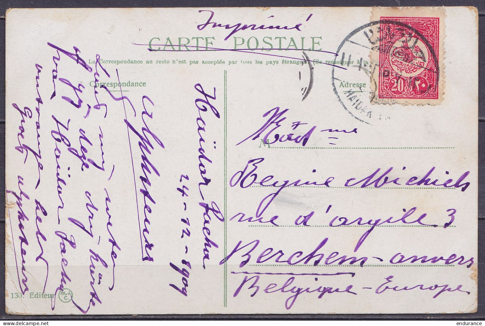 Turquie - CP Colorisé Constantinople Affr. 20p Càpt HAÏDAR PACHA /24-12-1909 (Haydarpaşa) Pour BERCHEM Anvers - Covers & Documents