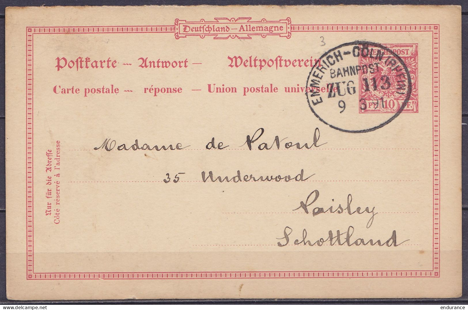 Allemagne - EP CP 10pf Rouge (réponse) De RATH Düsseldorf Càd Ambulant "EMMERICH-CÖLN (RHEIN) /9-3-1891/ BAHNPOST" Pour  - Postcards