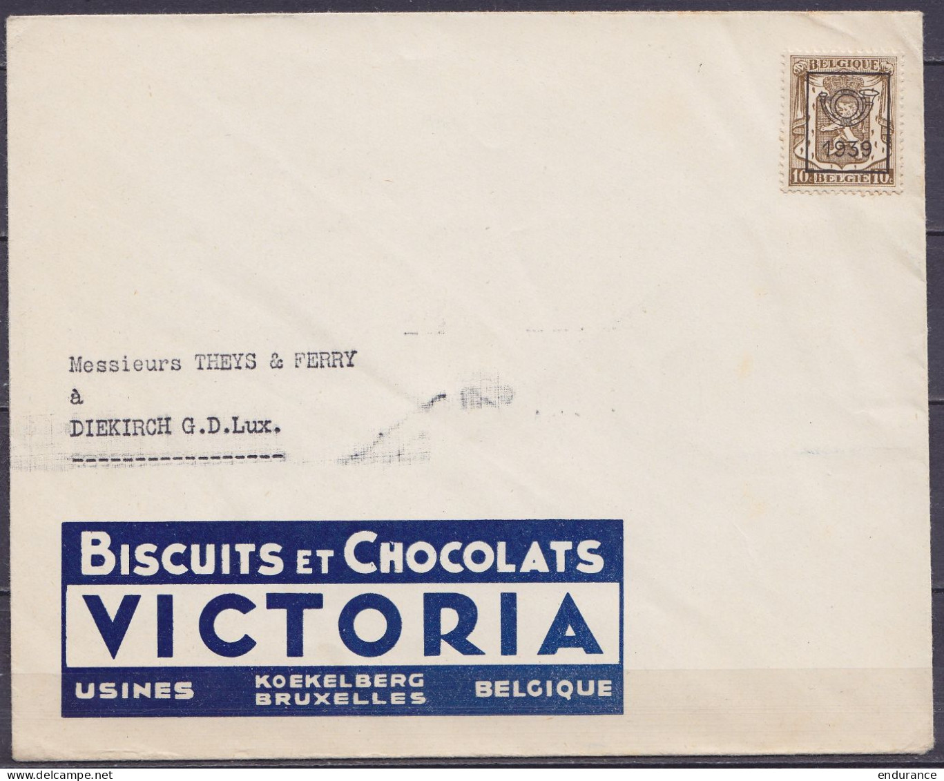 Env. "Biscuits Et Chocolats Victoria Koekelberg" Affr. PREO 10c Olive N°420 Surch. [1939] Pour DIEKIRCH Luxembourg - Typo Precancels 1936-51 (Small Seal Of The State)