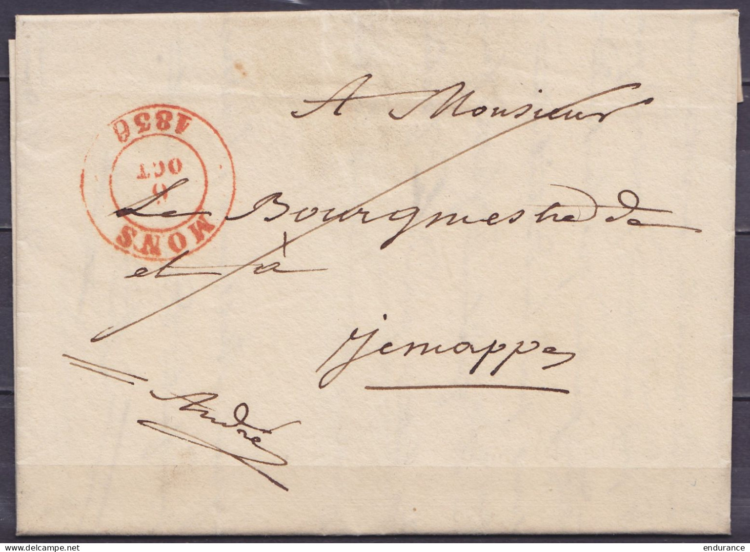 L. En Franchise Càd MONS /6 OCT 1836 Pour JEMAPPES (au Dos: Càd Arrivée MONS) - Voir Texte - 1830-1849 (Independent Belgium)