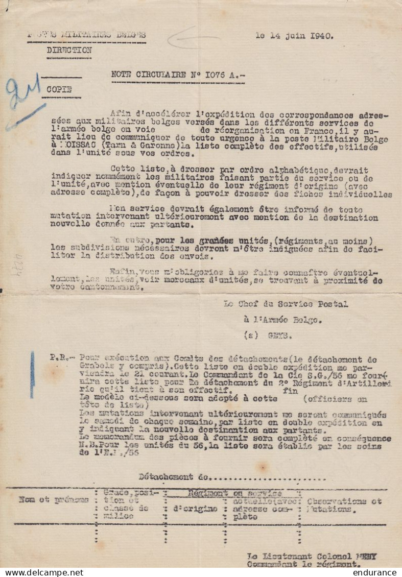 Note Circulaire "Postes Militaires Belges" Datée 14 Juin 1940 - Concerne L'exépdition De Courriers Aux Militaires Belges - Weltkrieg 1939-45 (Briefe U. Dokumente)