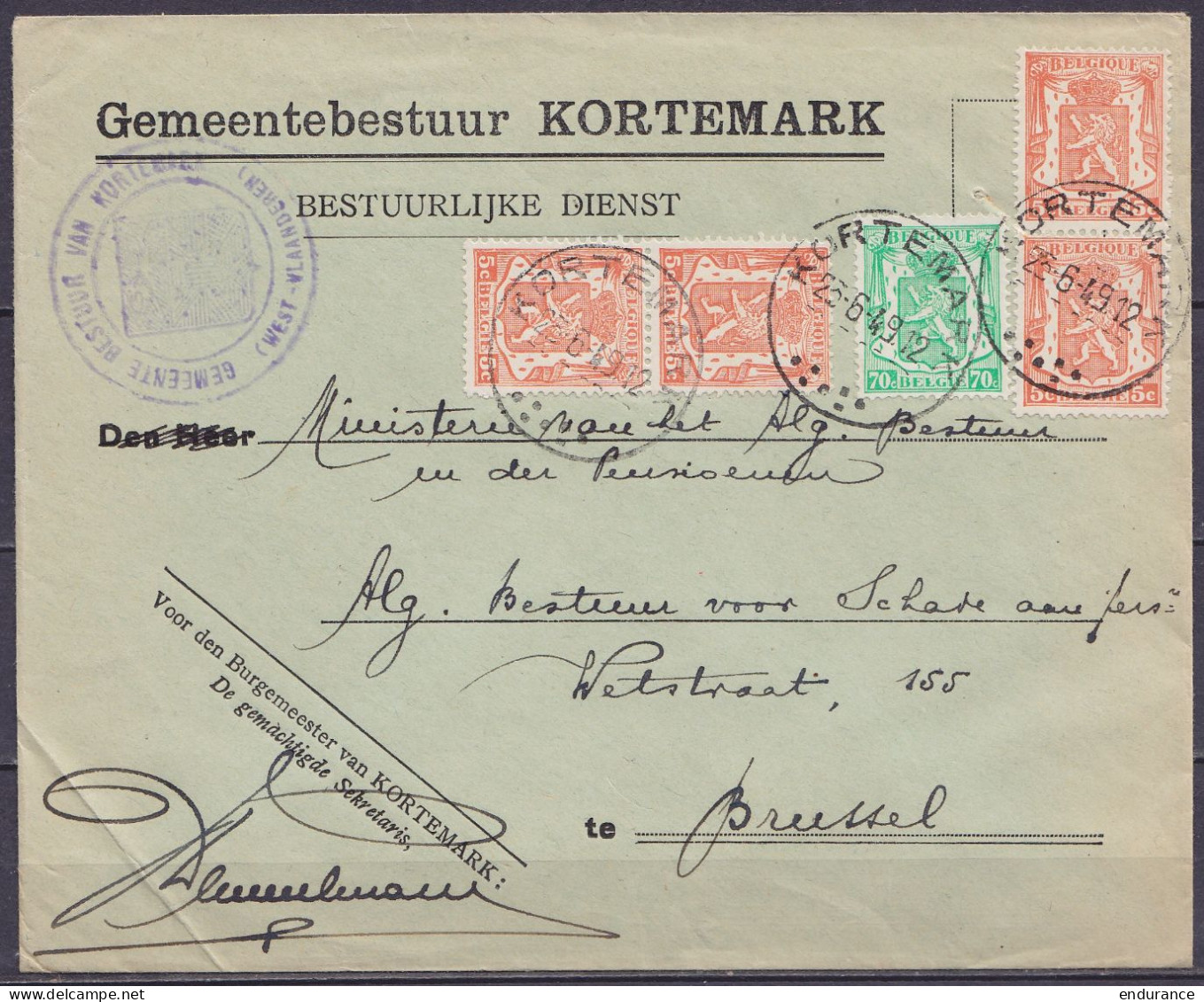 Env. "Gemeentebestuur Kortemark" Affr. 4x N°419 + N°712 Càd KORTEMARK /25-6-1949 Pour BRUSSEL - Lettres & Documents