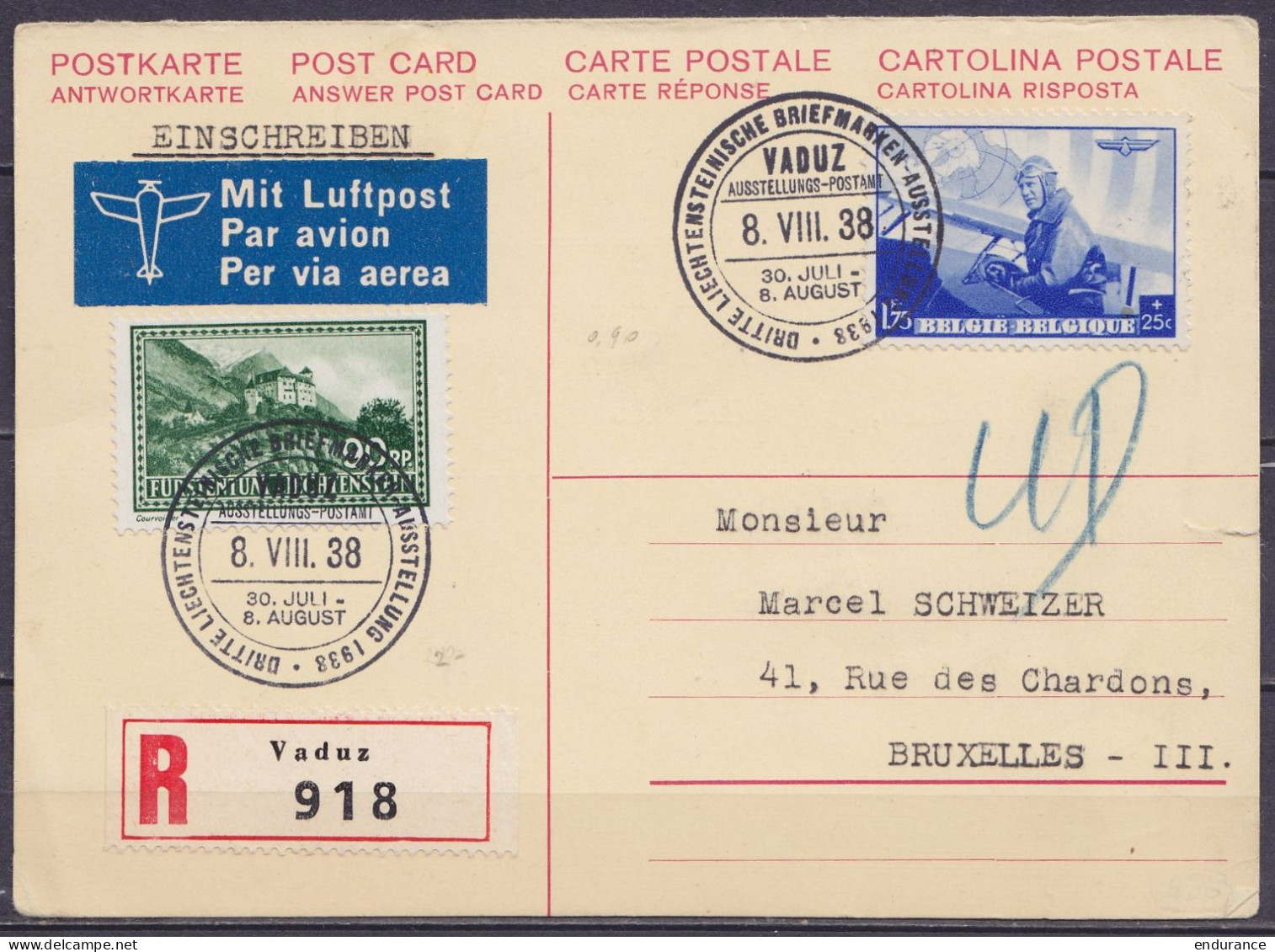 Liechtenstein - CP Recommandée Par Avion Affr. Mixte Tp Belgique N°469 Càpt "VADUZ /8.VIII.1938/ DRITTE LIECHTENSTEINISC - Lettres & Documents