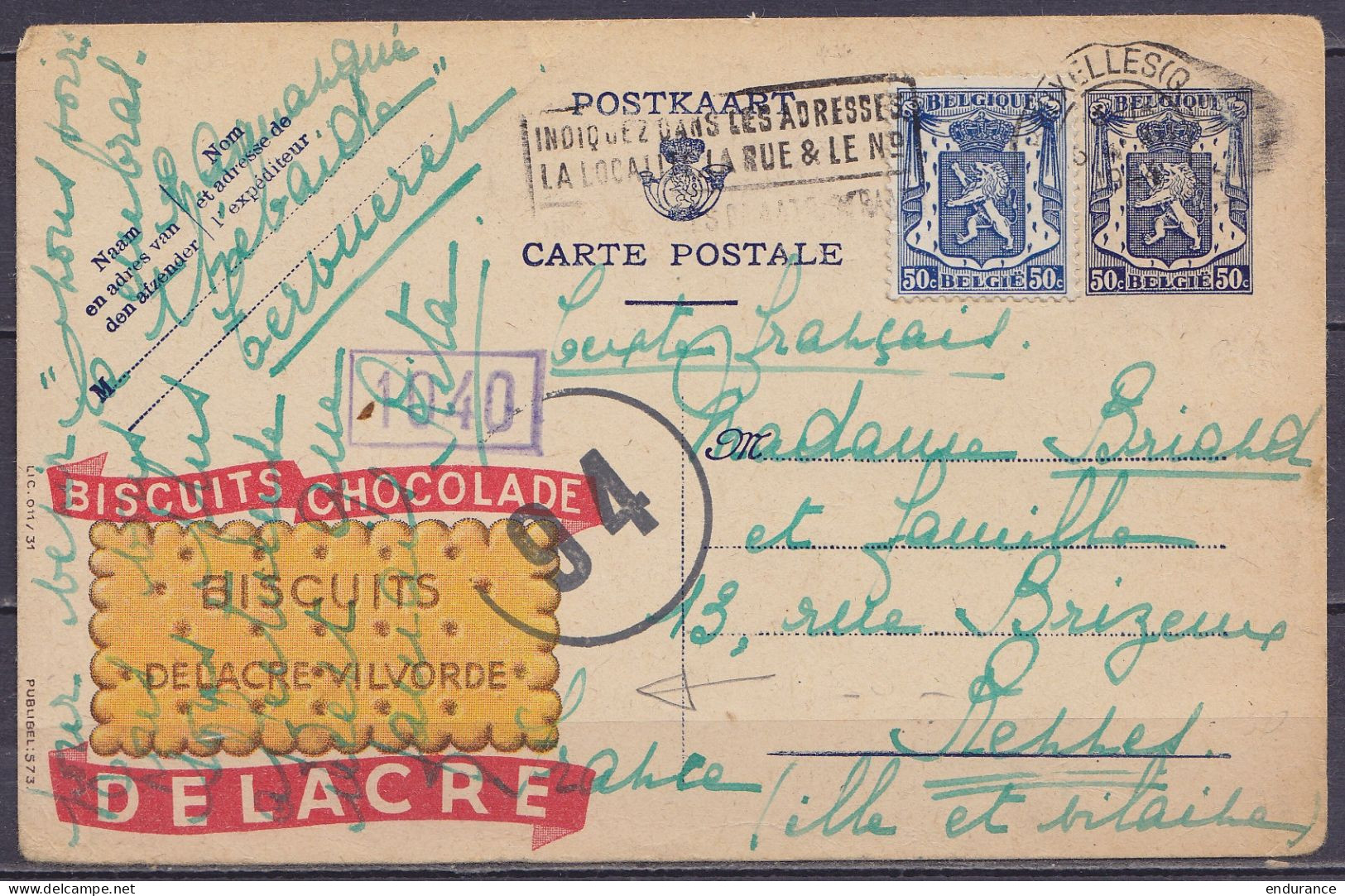 EP CP Publibel 573 "Biscuits Delacre" 50c Bleu + N°426 Flam. BRUXELLLES (Q.L.) /3.XI 1944 De Tervueren Pour RENNES Franc - Weltkrieg 1939-45 (Briefe U. Dokumente)