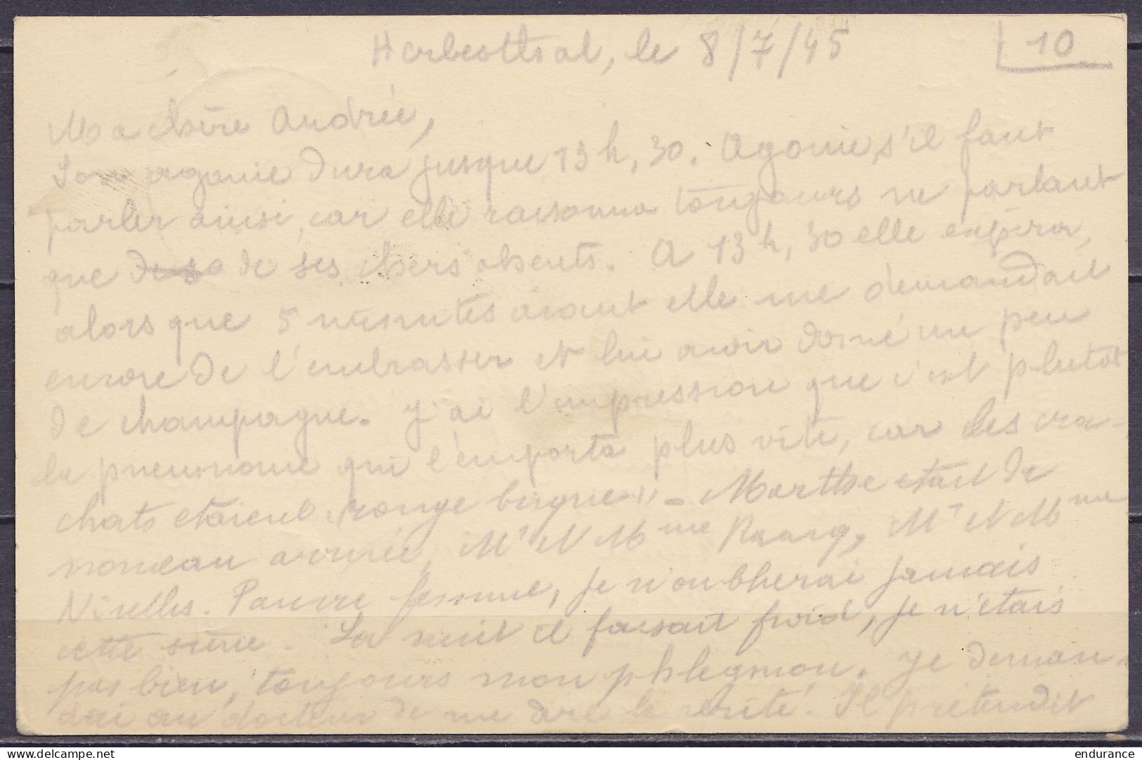EP CP 40c Lilas (type N°479) + N°678 Càd HERBESTHAL /-9-7-1945 Pour ATHENES Grèce - Cachets Censures Belge Et Grecque - Guerre 40-45 (Lettres & Documents)