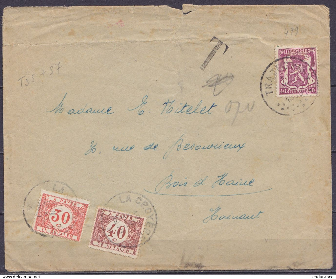 Env. "SERVICE DE CORRESPONDANCE Pour Réfugiés Belges / Toulouse" (voir Cachet Au Dos) Affr. N°479 Càd TRAZEGNIES /16 VII - Guerre 40-45 (Lettres & Documents)