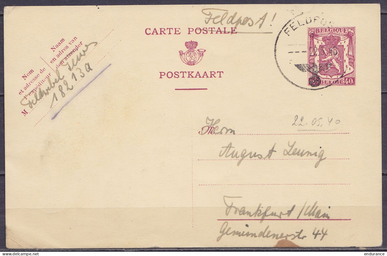 EP CP 40c Lilas (type N°479) Càd FELDPOST /22.5.1940 (franchise) D'un Militaire Allemand Pour FRANKFURT - WW II (Covers & Documents)