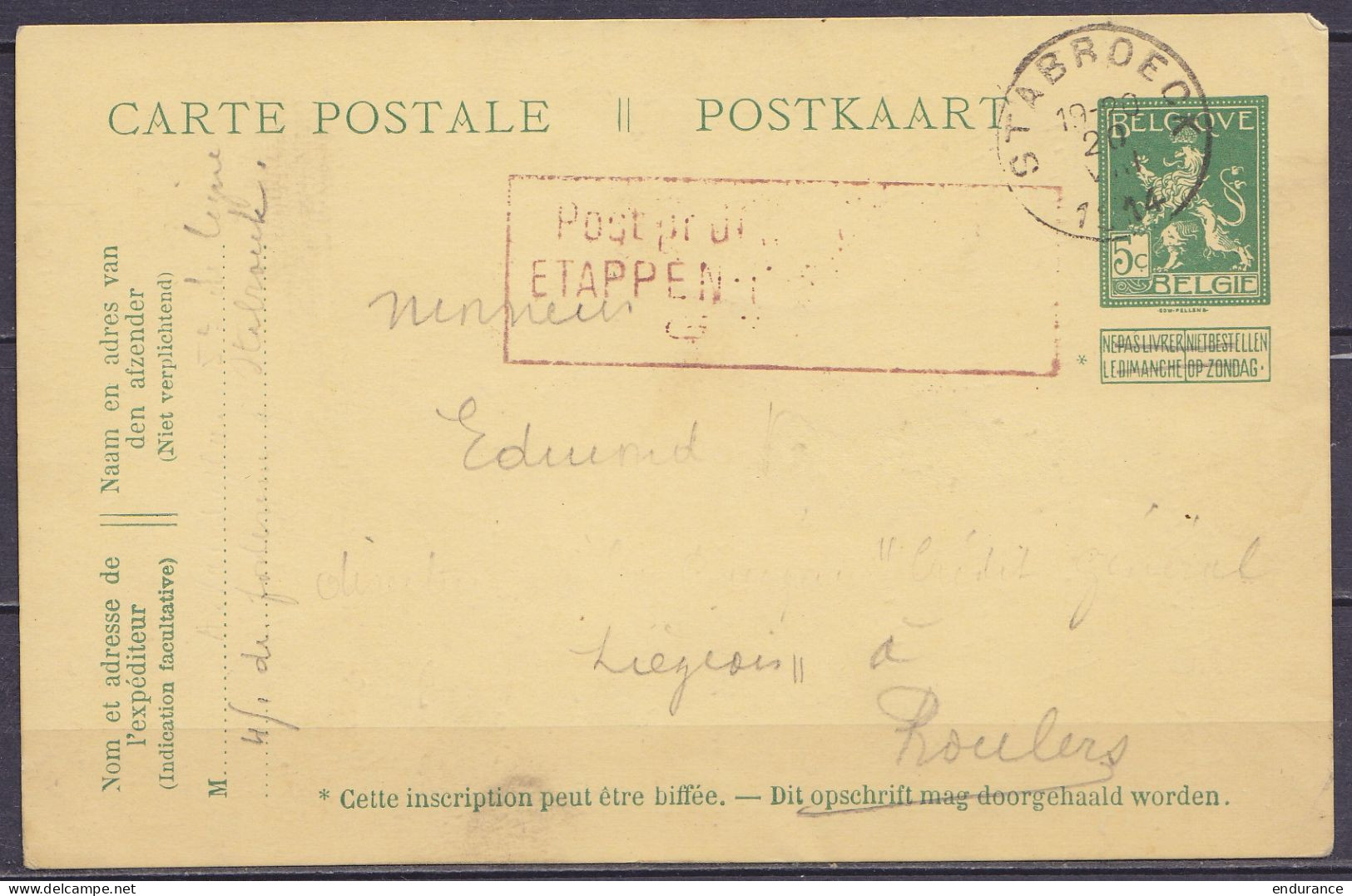 EP CP 5c Vert (type N°110) Càd STABROECK /20 VIII 1914 (début De Guerre) Pour ROULERS - Cachet Censure Allemande - Postcards 1909-1934