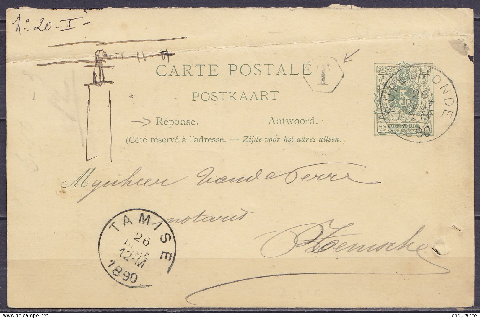 EP CP (réponse) 5c Vert-gris (type N°45) De Steendorp Càd RUPPELMONDE /26 DECE 1890 Pour TEMSCHE - Boîte Auxiliaire "T"  - Postcards 1871-1909