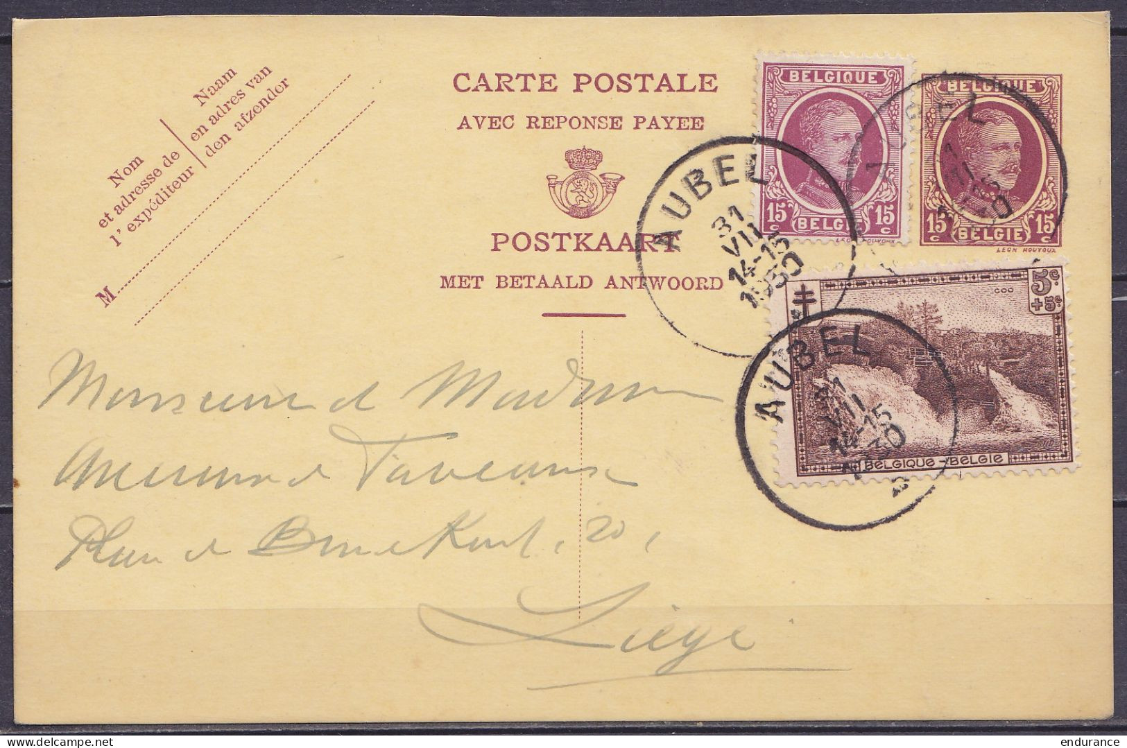 EP CP (réponse Payée) 15c Lilas (type N°195) + N°195+293 Càd AUBEL /31 VII 1930 Pour LIEGE - Cartes Postales 1909-1934