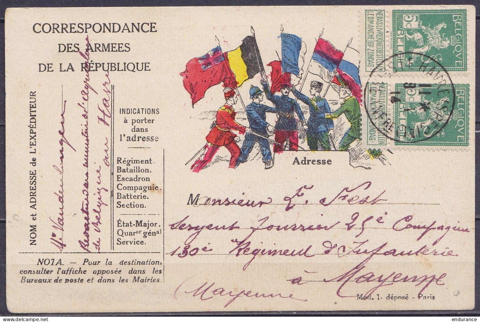 CP "Correspondance Des Armées De La République" Affr. Paire N°110 Càd LE HAVRE (SPECIAL)/8-12-1914 Pour Sergent Au 130e  - Army: Belgium