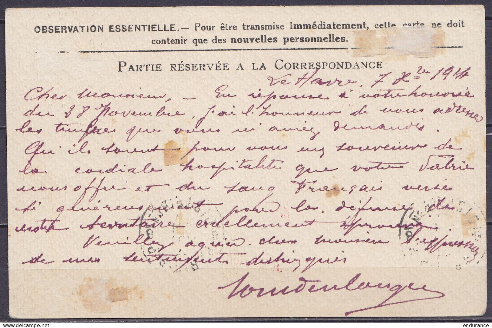 CP "Correspondance Des Armées De La République" Affr. Paire N°110 Càd LE HAVRE (SPECIAL)/8-12-1914 Pour Sergent Au 130e  - Armée Belge
