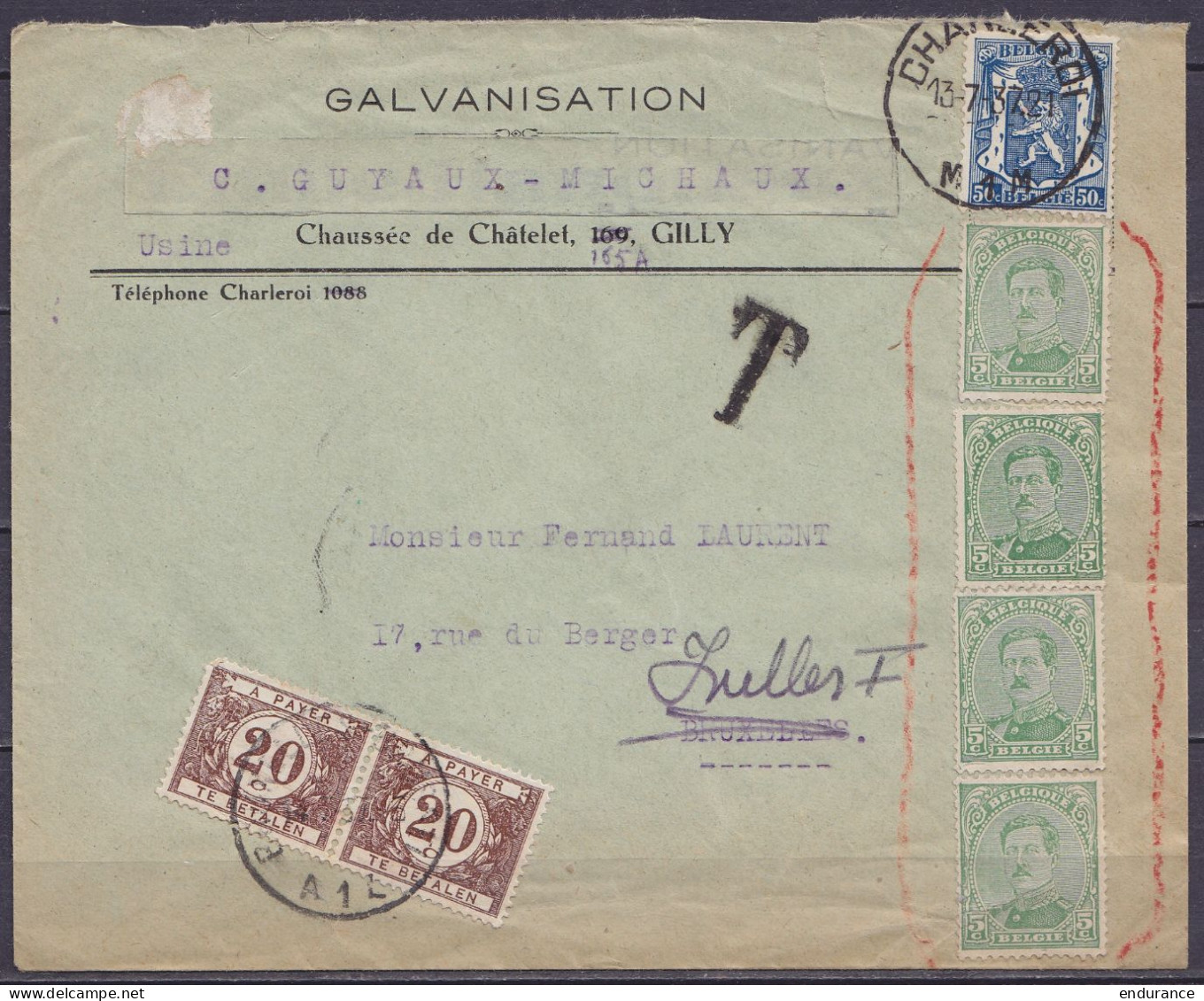 Env. "Galvanisation Guyaux-Michaux Gilly" Affr. Bande 4x N°137 (annulés Car Hors-cours) + N°426 Càd CHARLEROI /13-7-1937 - 1915-1920 Albert I