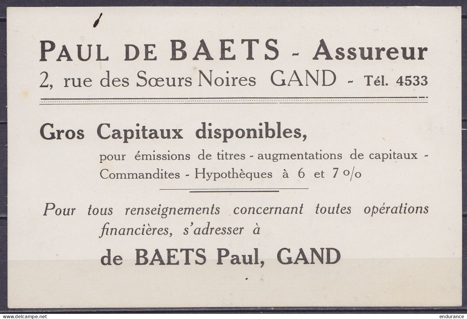 Imprimé "Assureur Paul De Baets" Affr. PREO 1c [GENT /1927/ GAND] Pour PROVEN (Poperinge) - Typo Precancels 1922-31 (Houyoux)