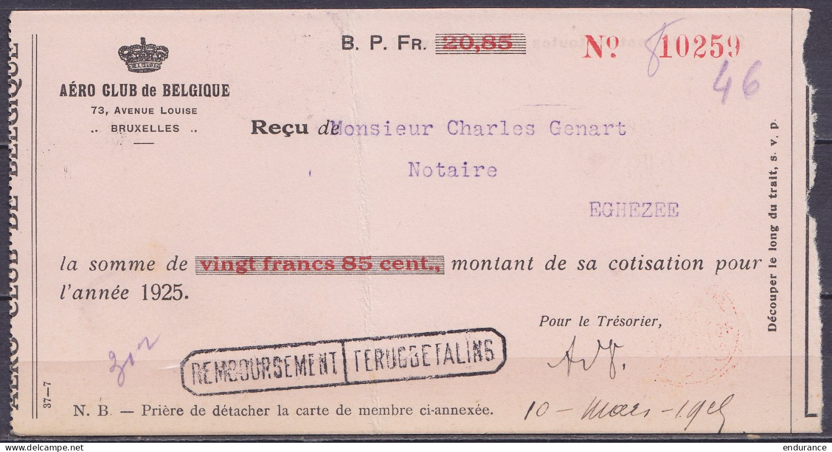 Reçu "Aéro Club De Belgique" Affr. N°192+211 Càd "St-GILLES (BRUX.)-St-Gillis (BRUS.) /6 III 1925" Timbré 10c à L'extrao - 1921-1925 Kleine Montenez