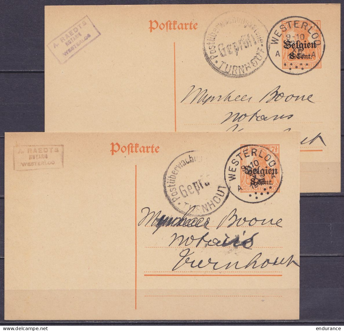 Lot 2 EP CP 7½pf Surch. 8cent. Orange Càd WESTERLOO 1917 Pour TURNHOUT - Cachet Censure Allemande "Postüberwachungsstell - Deutsche Besatzung