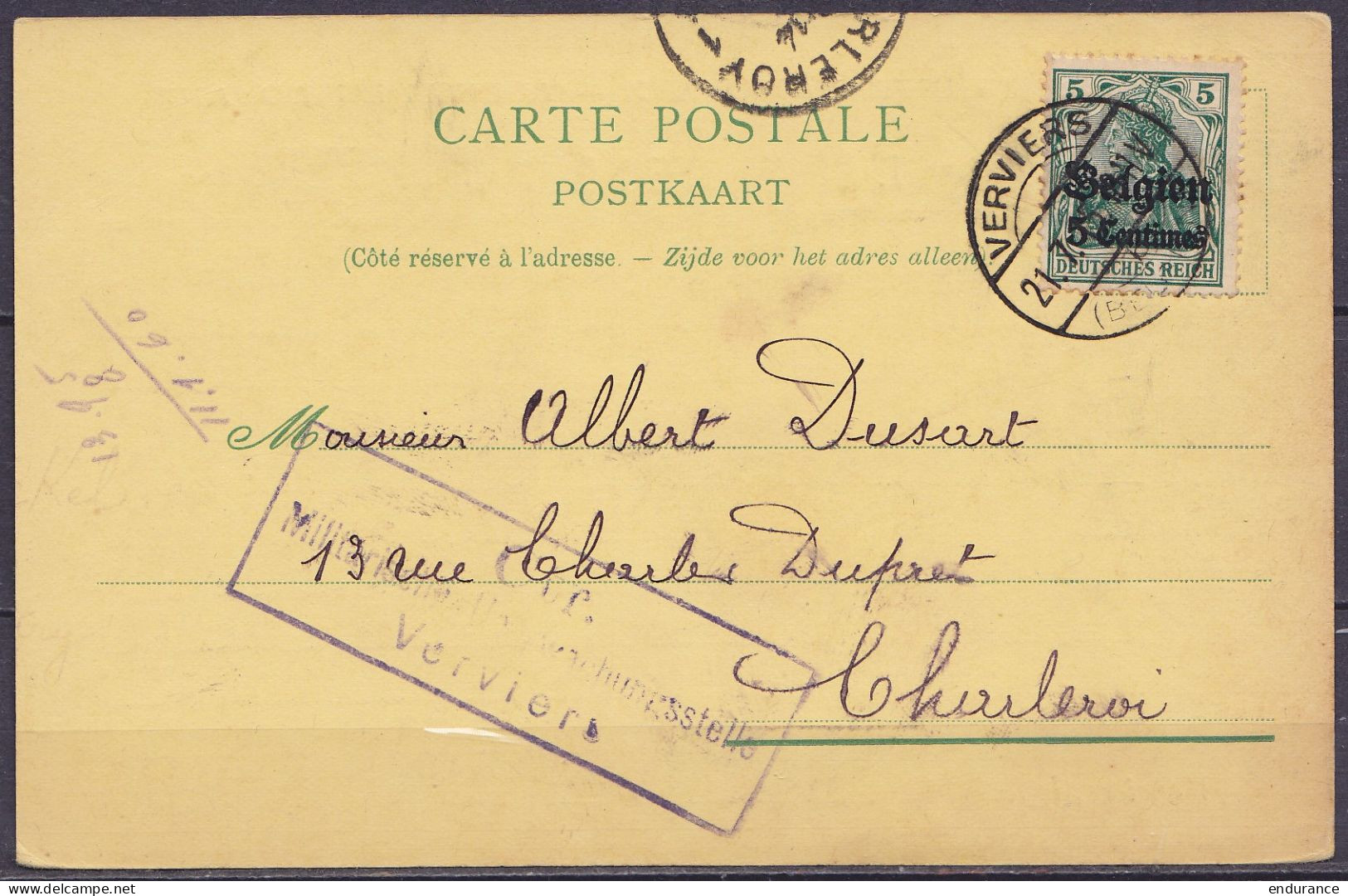 CP "Transports J.Spinhayer - Verviers, Bruxelles, Hergenrath, Herbesthal" Affr. OC2 Càpt VERVIERS /21.7.1915 Pour CHARLE - OC1/25 Gouvernement Général