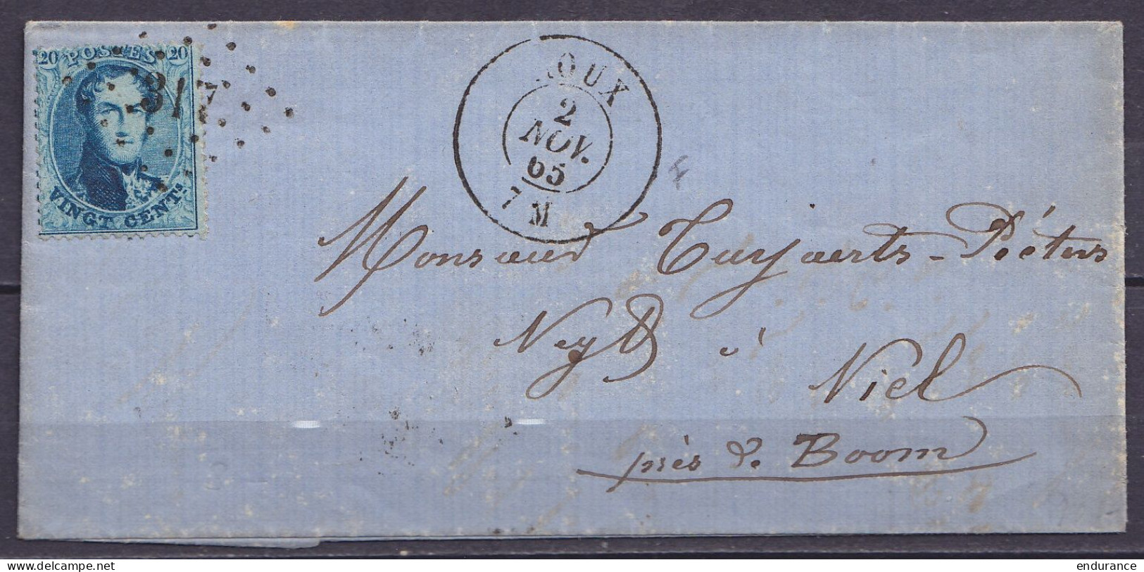 L. Affr. N°15 Lpts "317" Càd ROUX /2 NOV. 1865 Pour NIEL (au Dos: Càd Arrivée BOOM) - 1863-1864 Medaillen (13/16)