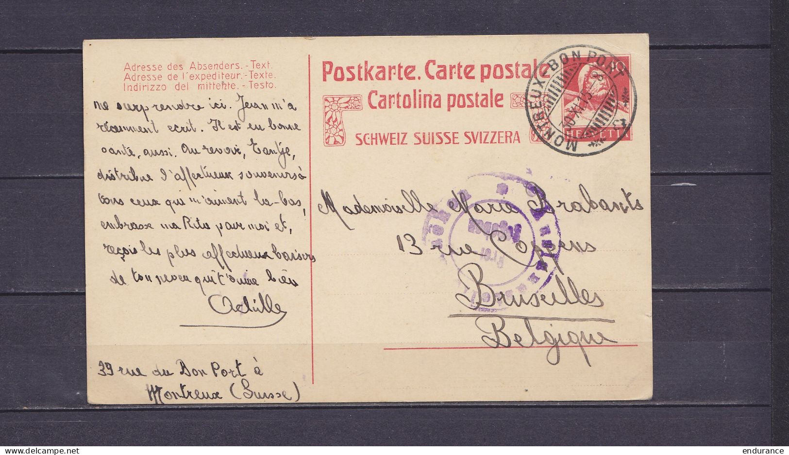 Suisse - EP CP 10c Càpt "MONTREUX - BON PORT /30.XI.1915" D'un Interné Belge Pour BRUXELLES - Cachet Censure Allemande - Krijgsgevangenen