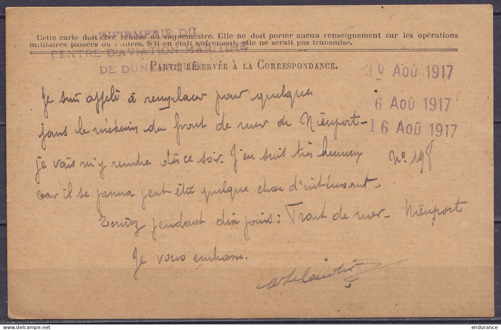 CP "Correspondance Des Armées De La République" En Franchise F.M. D'un Médecin Du Centre D'Aviation Maritime De Dunkerqu - WW I