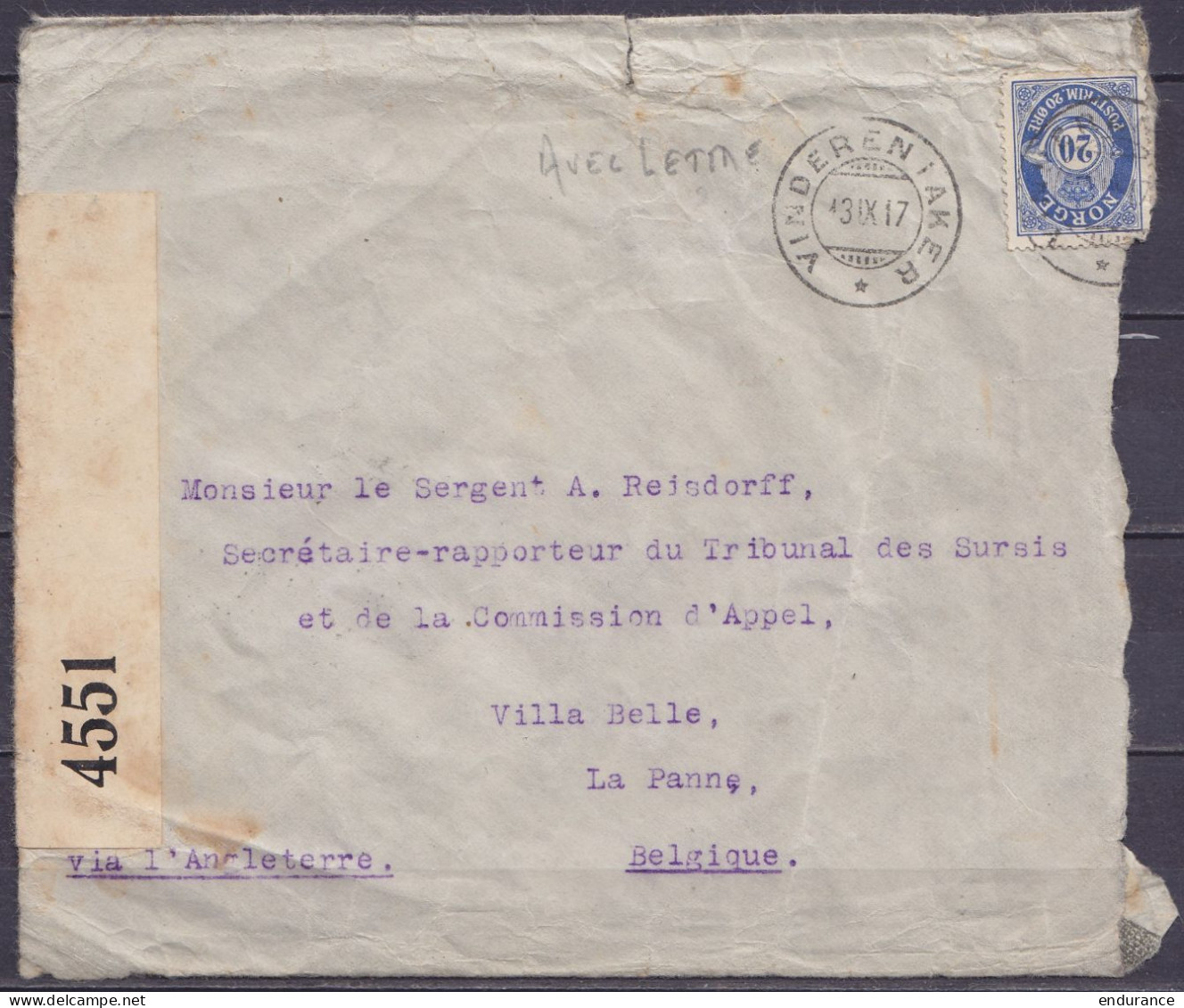 Norvège - LAC "Union Interparlementaire - Kristiania" Affr. 20ö Càd VINDEREN IAKER /13.IX.1917 Pour LA PANNE "via L'Angl - Briefe U. Dokumente