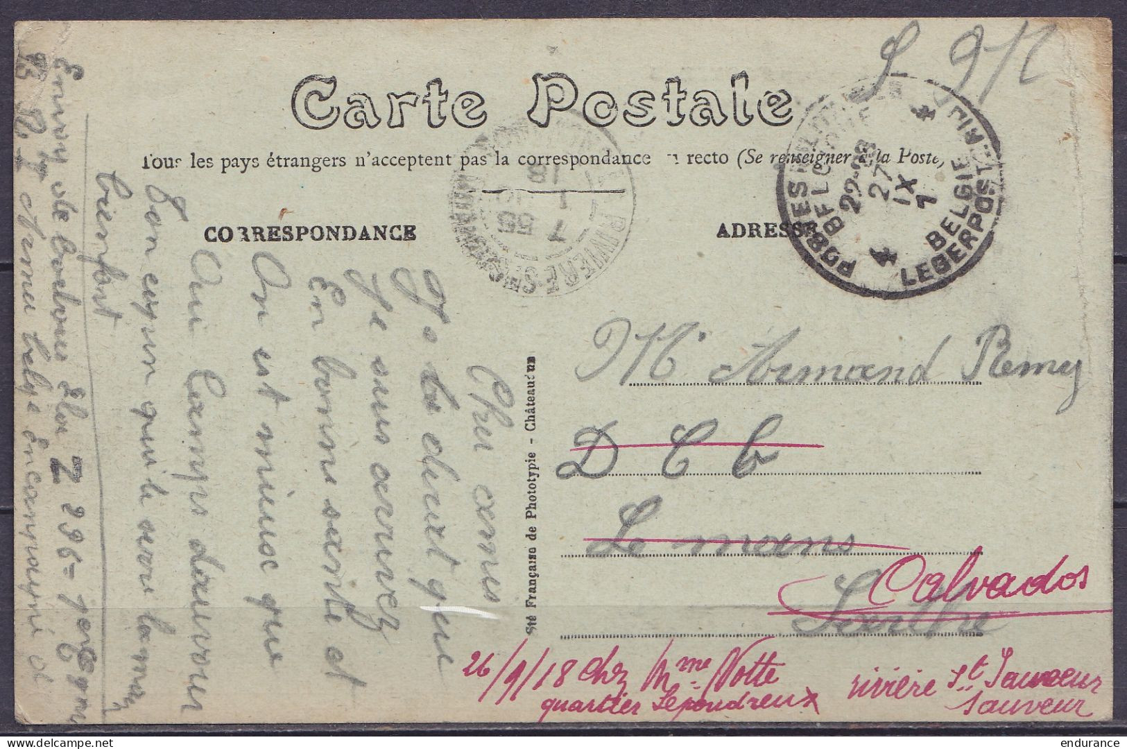 CP "Le Camp D'Auvours Le Mans" En Franchise S.M. Càd "POSTES MILITAIRES BELGIQUE 4/27 IX 1918/ BELGIË LEGERPOSTERIJ 4" P - Army: Belgium