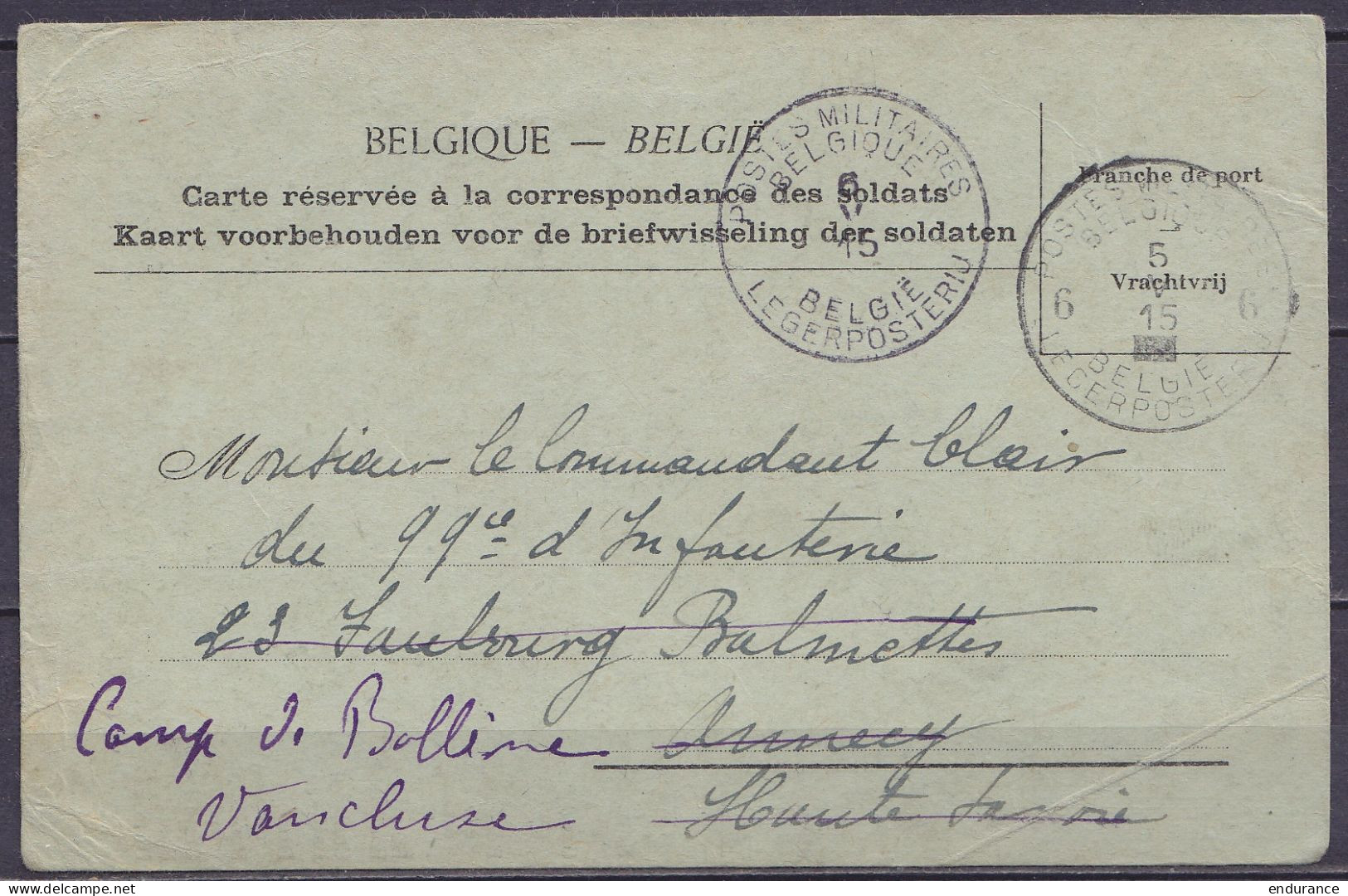CP-correspondance En Franchise S.M. Càd "POSTES MILITAIRES BELGIQUE 6/5 IV 1915/ BELGIË LEGERPOSTERIJ 6" Pour ANNECY Rée - Army: Belgium