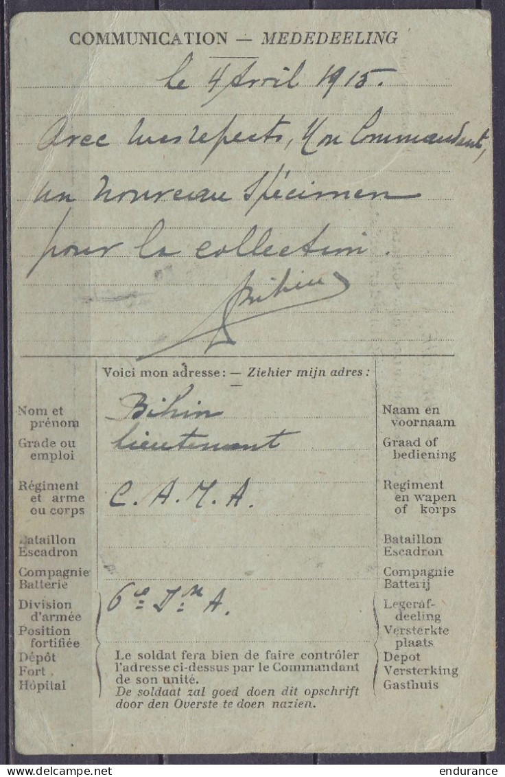 CP-correspondance En Franchise S.M. Càd "POSTES MILITAIRES BELGIQUE 6/5 IV 1915/ BELGIË LEGERPOSTERIJ 6" Pour ANNECY Rée - Army: Belgium