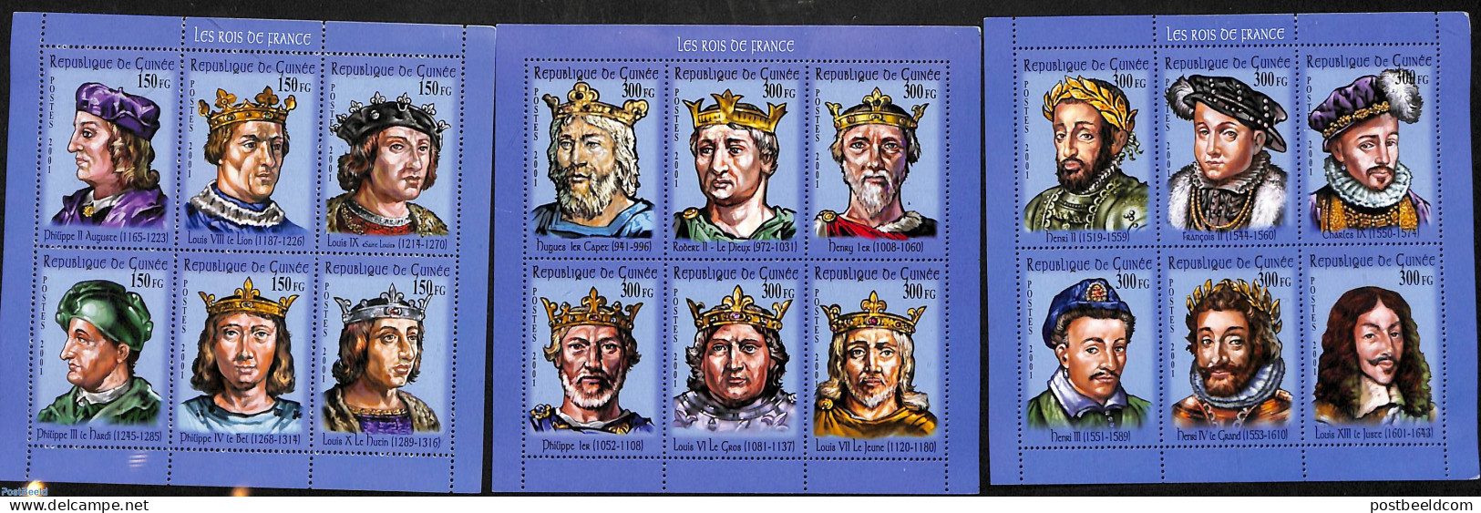 Guinea, Republic 2001 French Kings 18v (3 M/s), Mint NH, History - Kings & Queens (Royalty) - Royalties, Royals